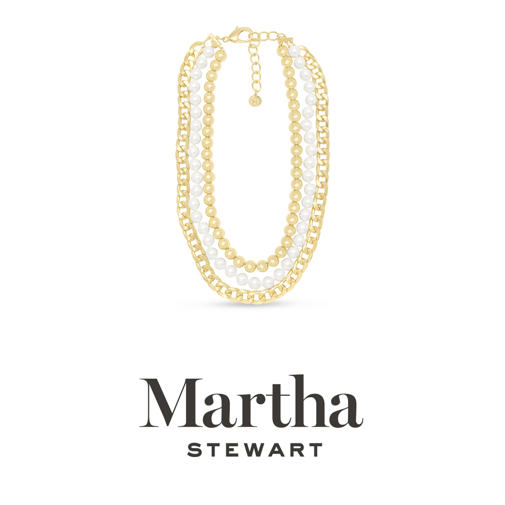 Martha Stewart Three Strand Pearl, Gold Ball and Chain Necklace In Gold